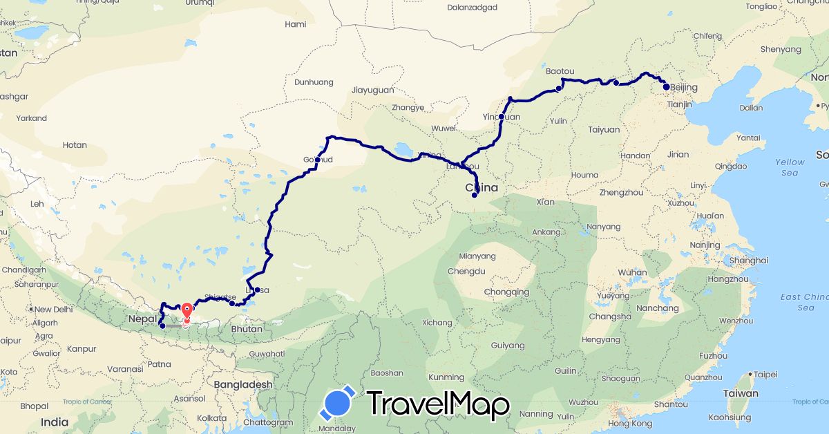 TravelMap itinerary: driving, plane, hiking in China, Nepal (Asia)