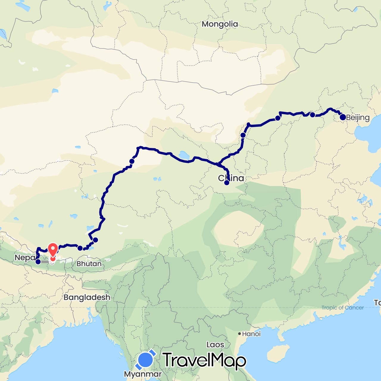 TravelMap itinerary: driving, plane, hiking in China, Nepal (Asia)