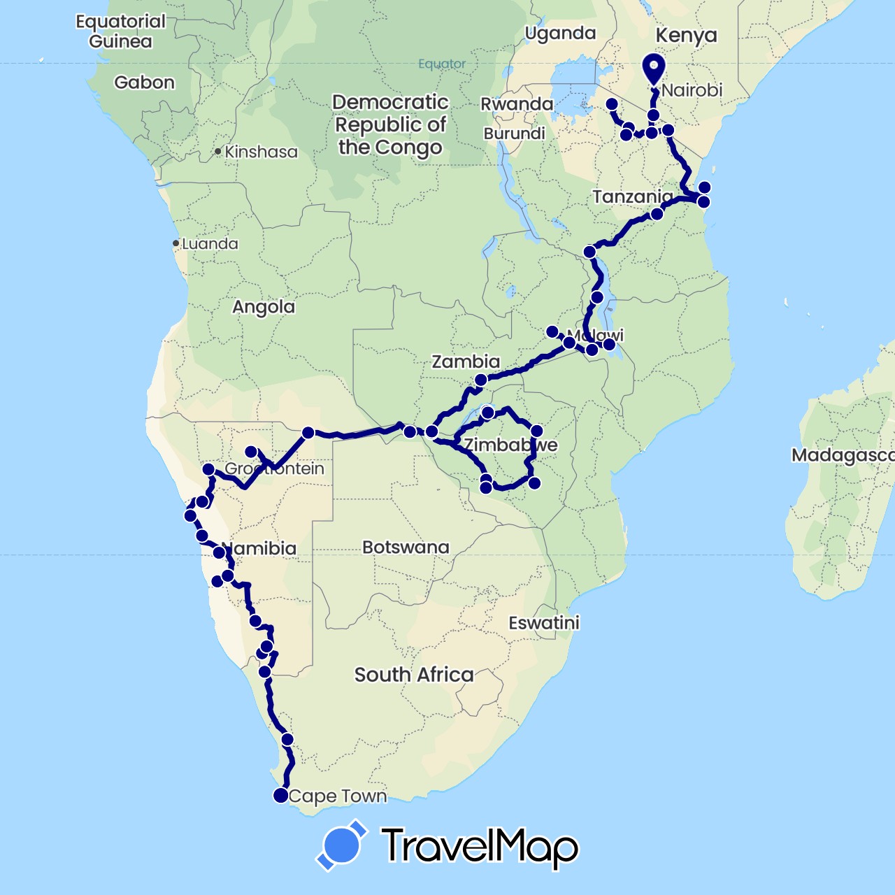 TravelMap itinerary: driving in Botswana, Kenya, Malawi, Namibia, Tanzania, South Africa, Zambia, Zimbabwe (Africa)