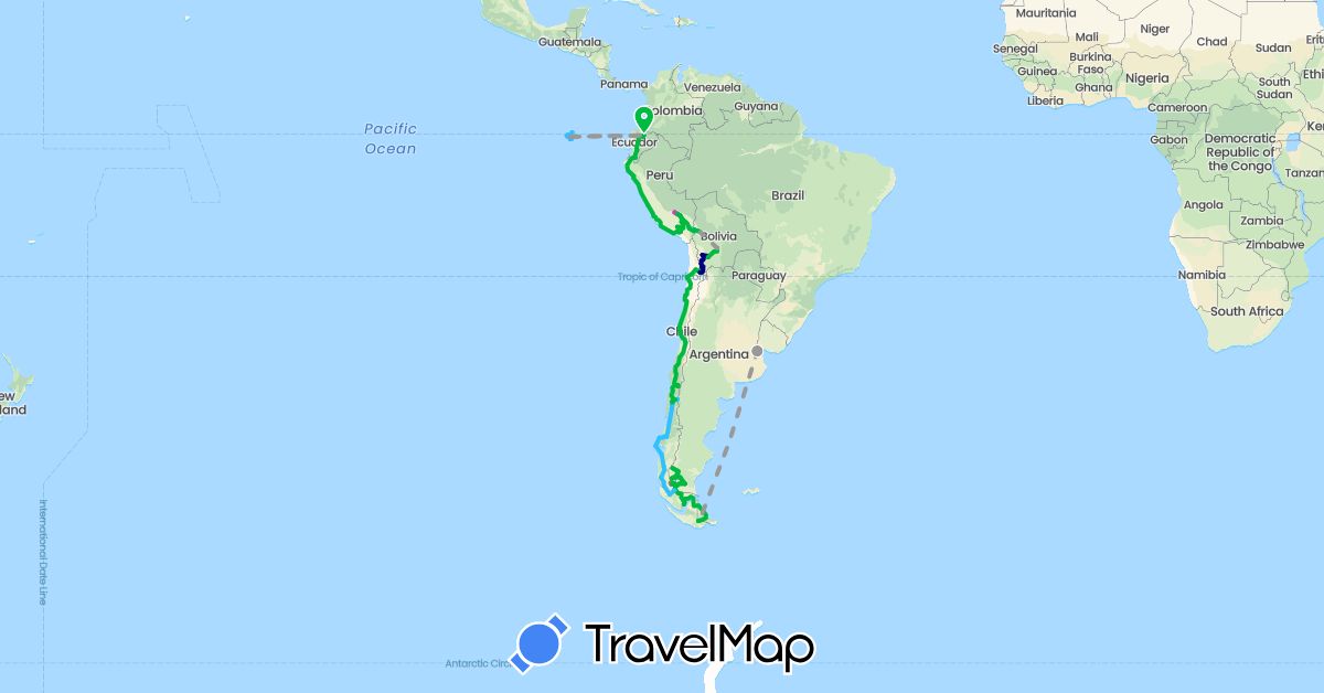 TravelMap itinerary: driving, bus, plane, train, hiking, boat in Argentina, Bolivia, Chile, Ecuador, Peru (South America)