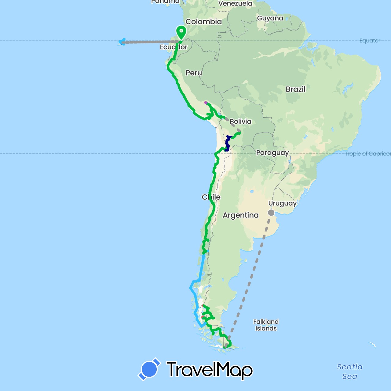 TravelMap itinerary: driving, bus, plane, train, hiking, boat in Argentina, Bolivia, Chile, Ecuador, Peru (South America)