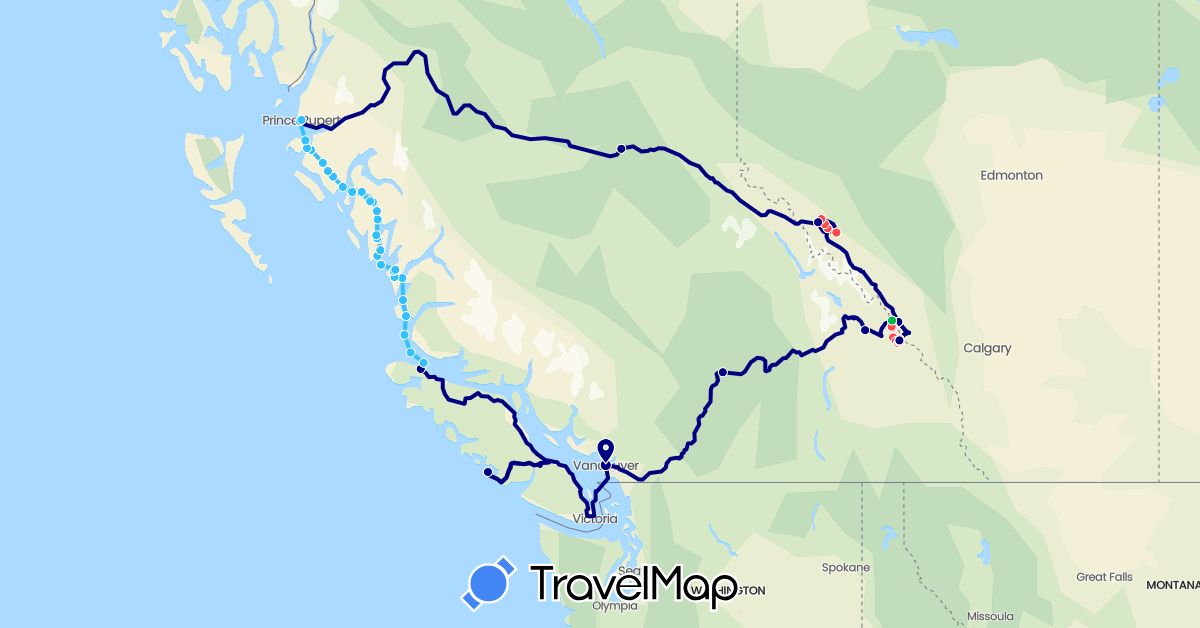 TravelMap itinerary: driving, bus, hiking, boat in Canada (North America)