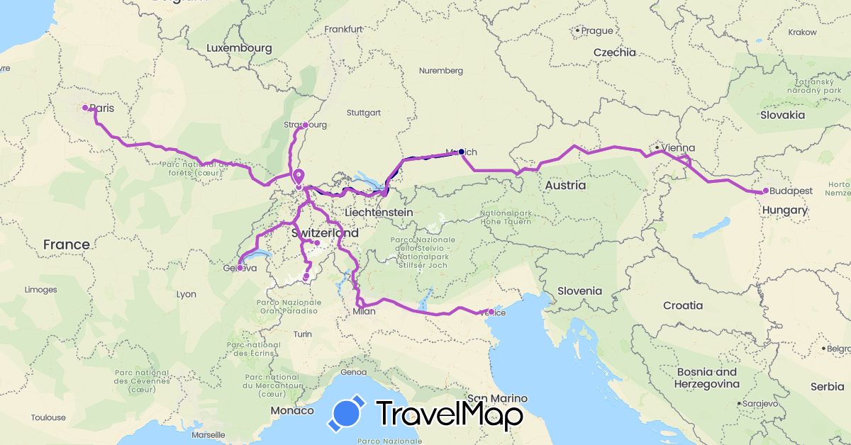 TravelMap itinerary: driving, train in Switzerland, Germany, France, Hungary, Italy (Europe)