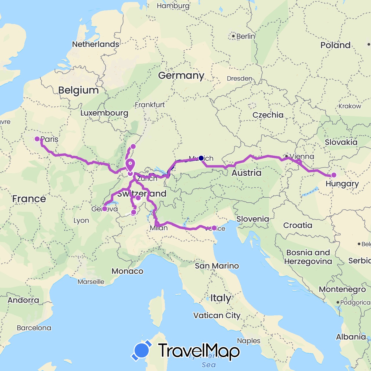 TravelMap itinerary: driving, train in Switzerland, Germany, France, Hungary, Italy (Europe)