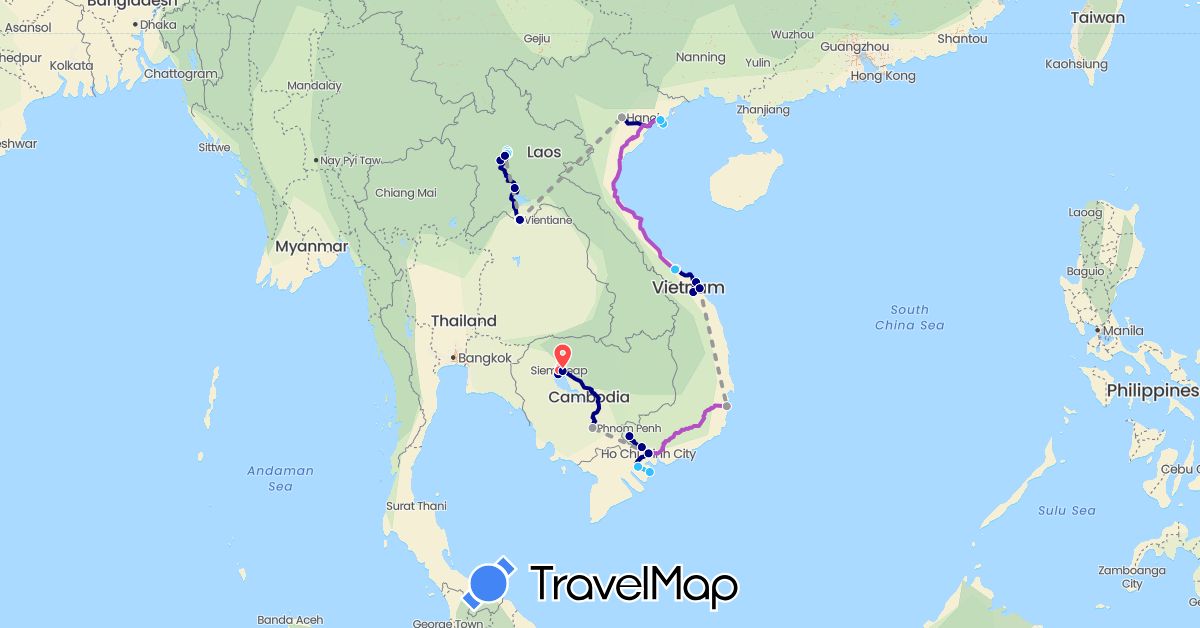 TravelMap itinerary: driving, plane, train, hiking, boat in Cambodia, Laos, Vietnam (Asia)