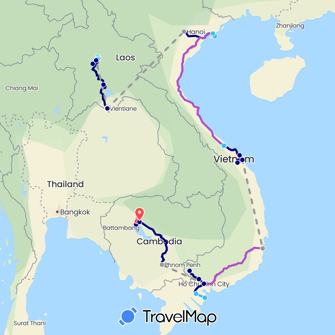 TravelMap itinerary: driving, plane, train, hiking, boat in Cambodia, Laos, Vietnam (Asia)