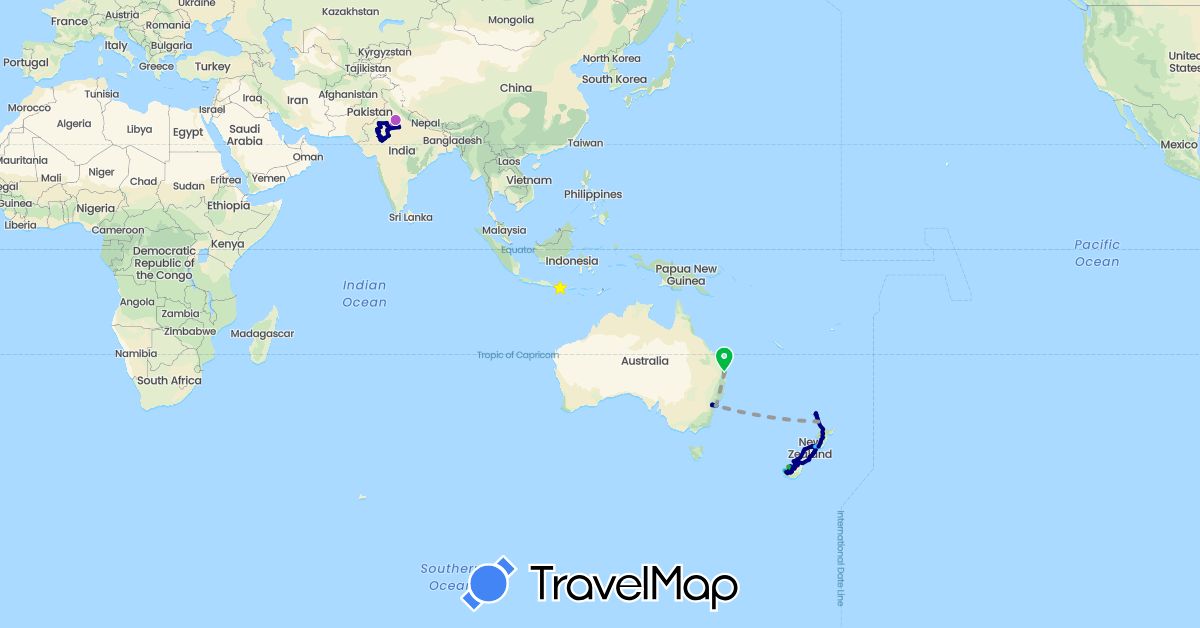 TravelMap itinerary: driving, bus, plane, train, hiking, boat in Australia, Indonesia, India, New Zealand (Asia, Oceania)