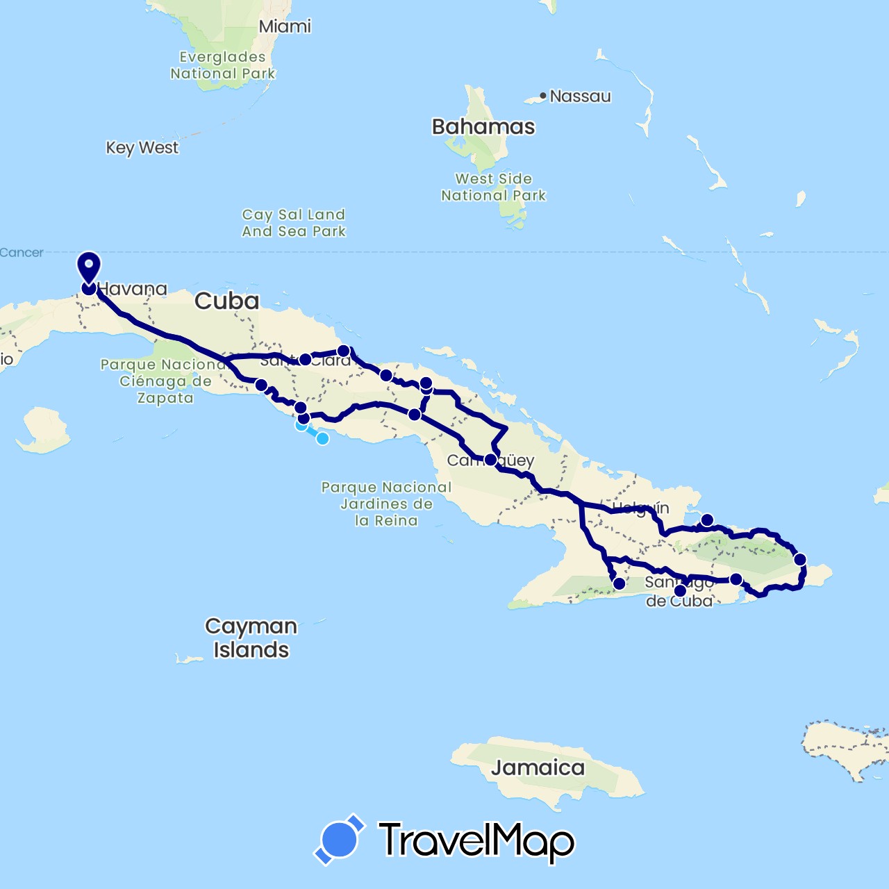 TravelMap itinerary: driving, boat in Cuba (North America)