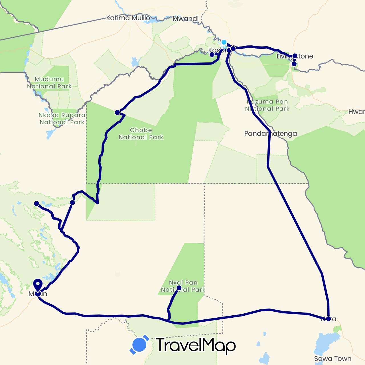 TravelMap itinerary: driving, boat in Botswana, Namibia, Zambia (Africa)