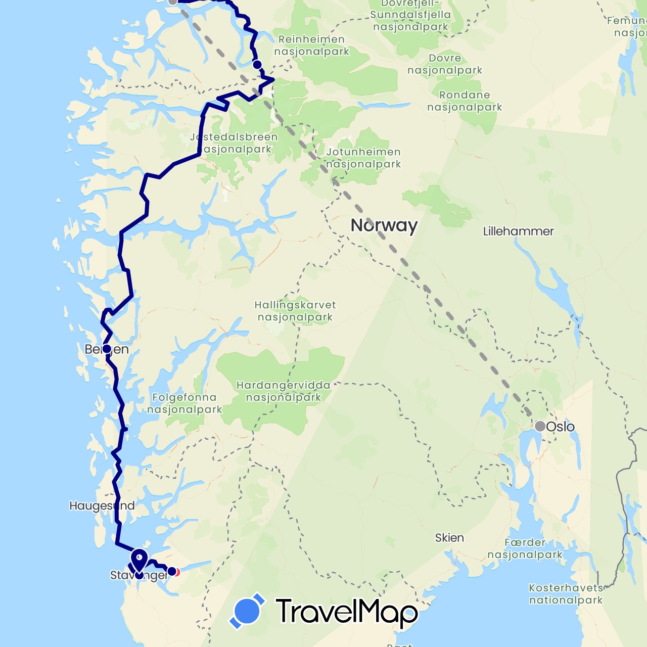 TravelMap itinerary: driving, plane, hiking in Norway (Europe)