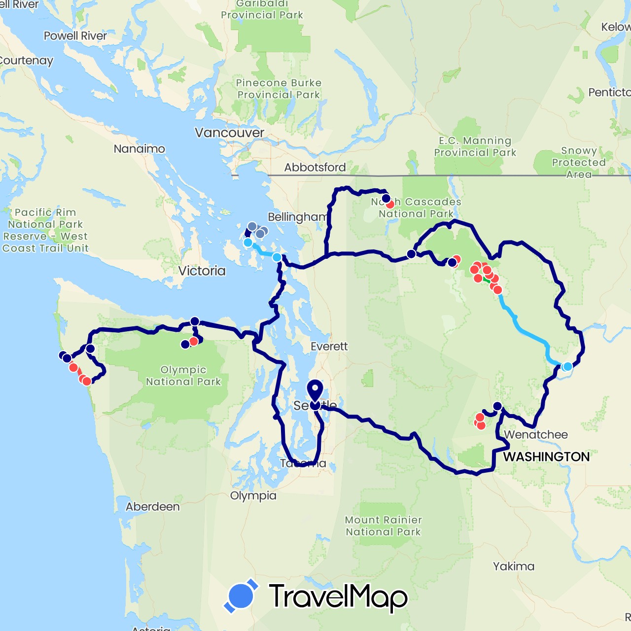 TravelMap itinerary: driving, bus, cycling, hiking, boat in United States (North America)