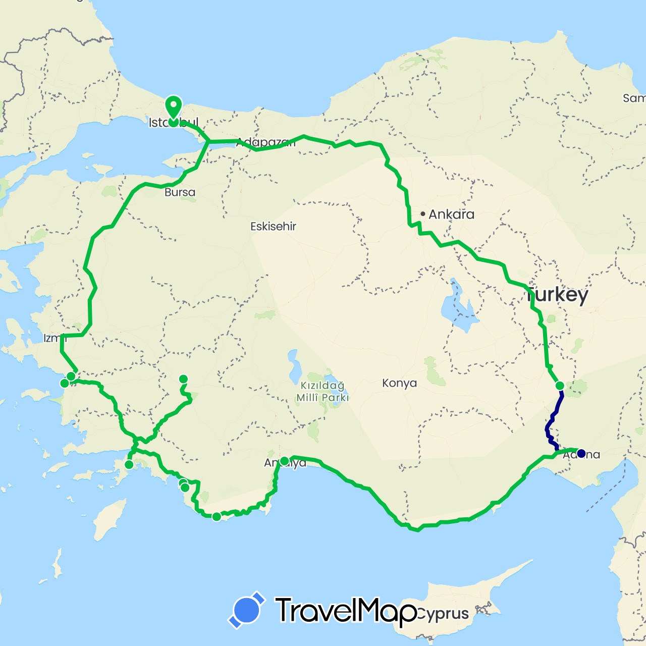 TravelMap itinerary: driving, bus in Turkey (Asia)