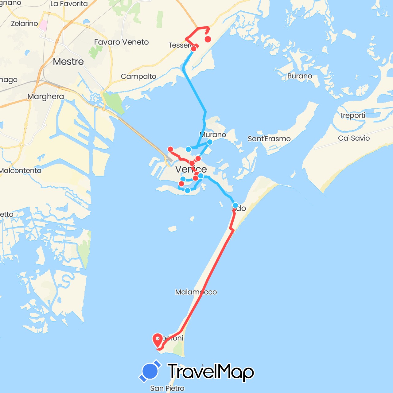 TravelMap itinerary: driving, hiking, boat in Italy (Europe)