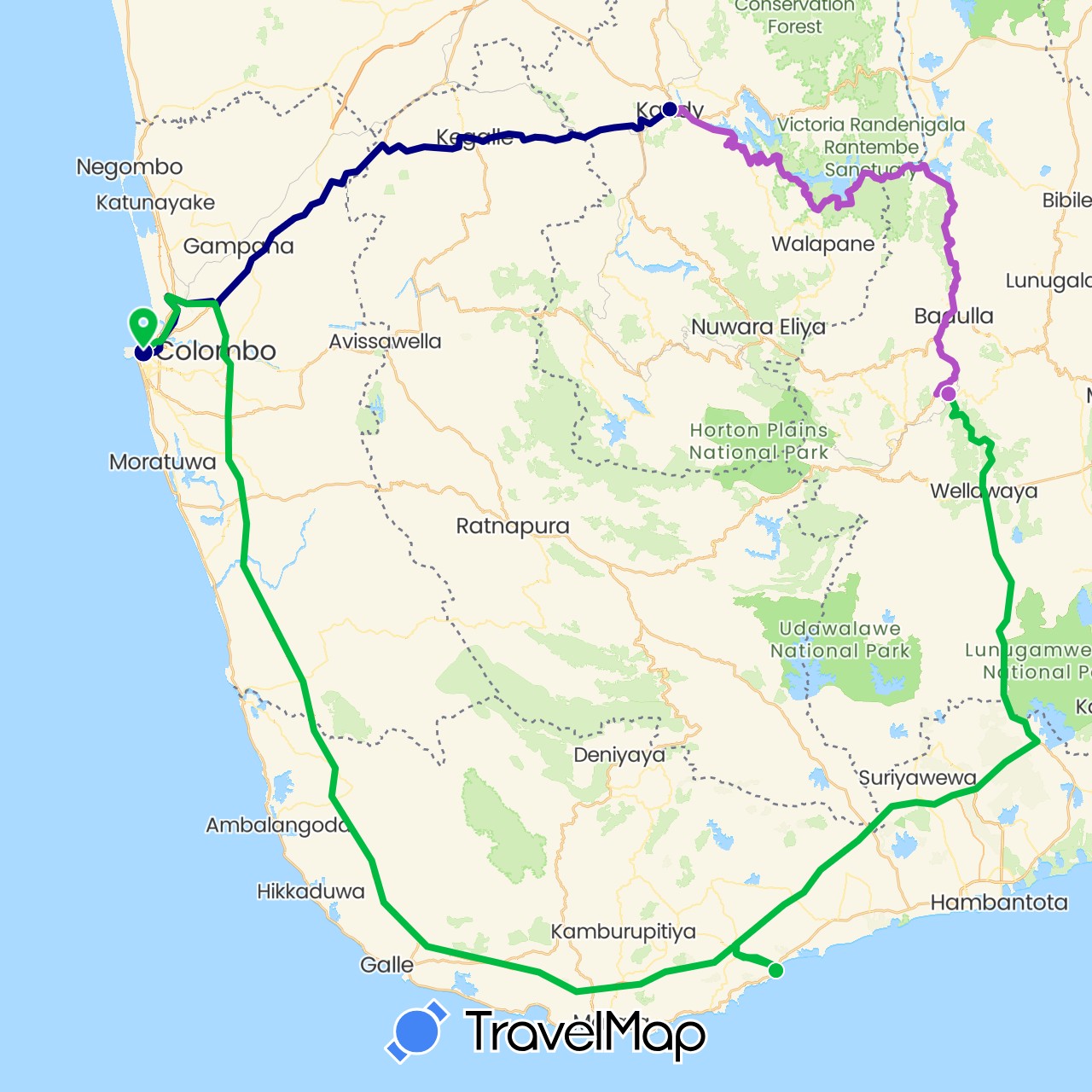 TravelMap itinerary: driving, bus, train in Sri Lanka (Asia)