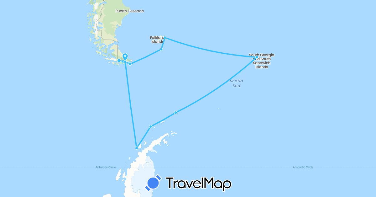 TravelMap itinerary: driving, boat in Argentina, Chile, Falkland Islands, South Georgia and the South Sandwich Islands (Antarctica, South America)