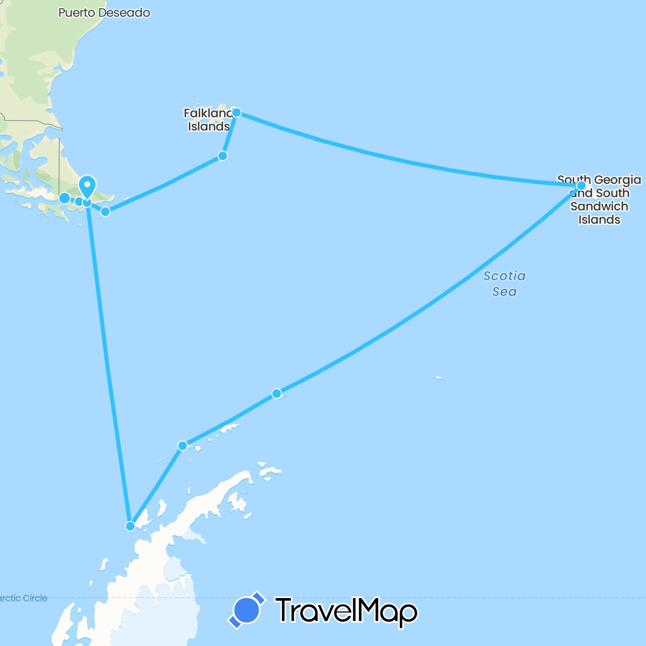 TravelMap itinerary: driving, boat in Argentina, Chile, Falkland Islands, South Georgia and the South Sandwich Islands (Antarctica, South America)