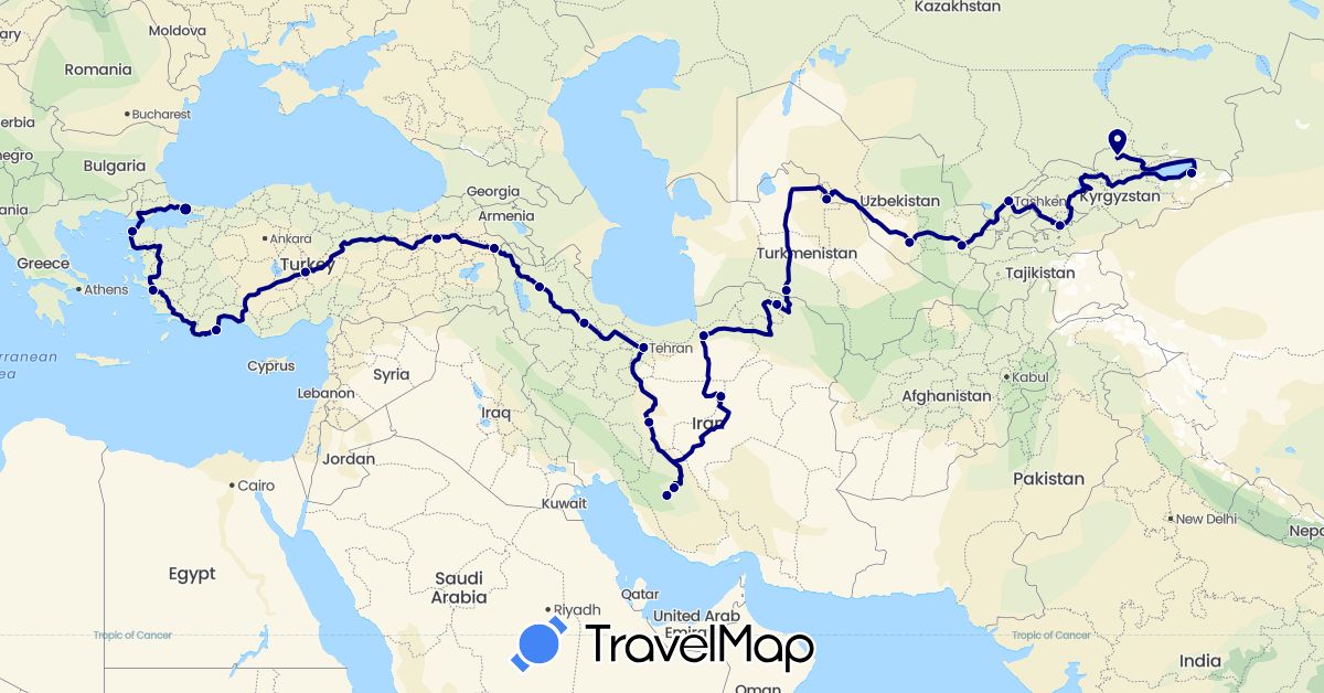 TravelMap itinerary: driving in Iran, Kyrgyzstan, Turkmenistan, Turkey, Uzbekistan (Asia)