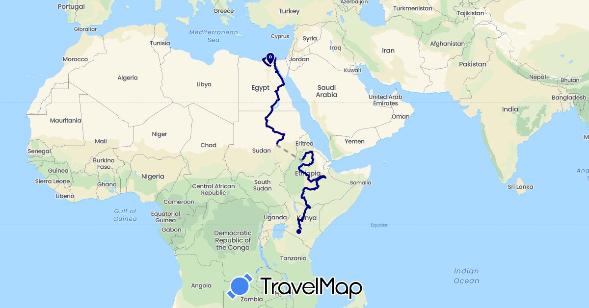 TravelMap itinerary: driving, plane in Egypt, Ethiopia, Kenya, Sudan (Africa)