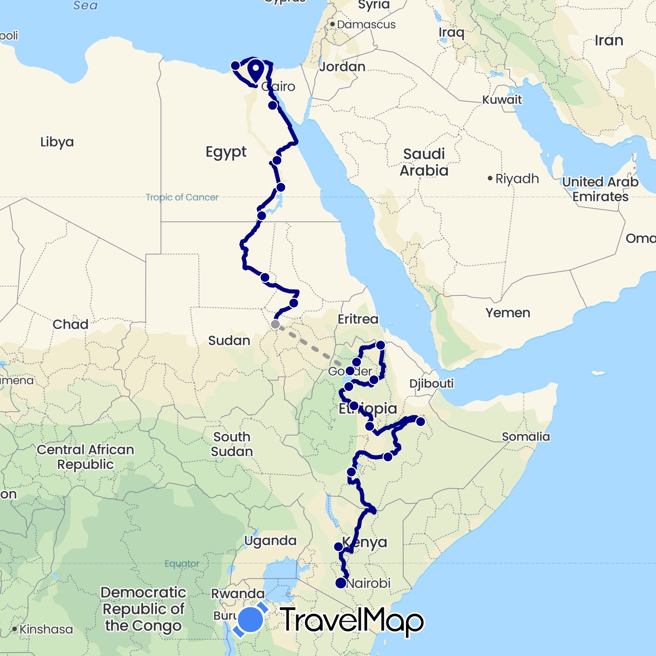 TravelMap itinerary: driving, plane in Egypt, Ethiopia, Kenya, Sudan (Africa)