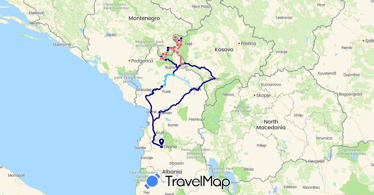 TravelMap itinerary: driving, hiking, boat in Albania, Montenegro, Kosovo (Europe)