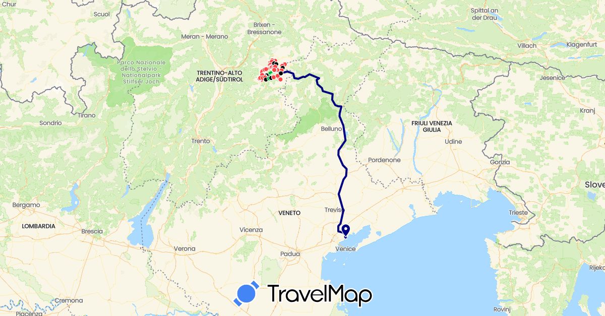 TravelMap itinerary: driving, bus, hiking, cable car in Italy (Europe)