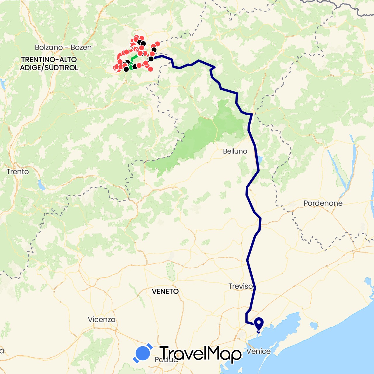 TravelMap itinerary: driving, bus, hiking, cable car in Italy (Europe)