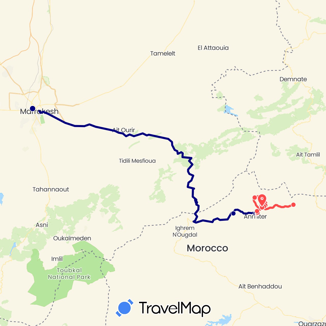 TravelMap itinerary: driving, hiking in Morocco (Africa)