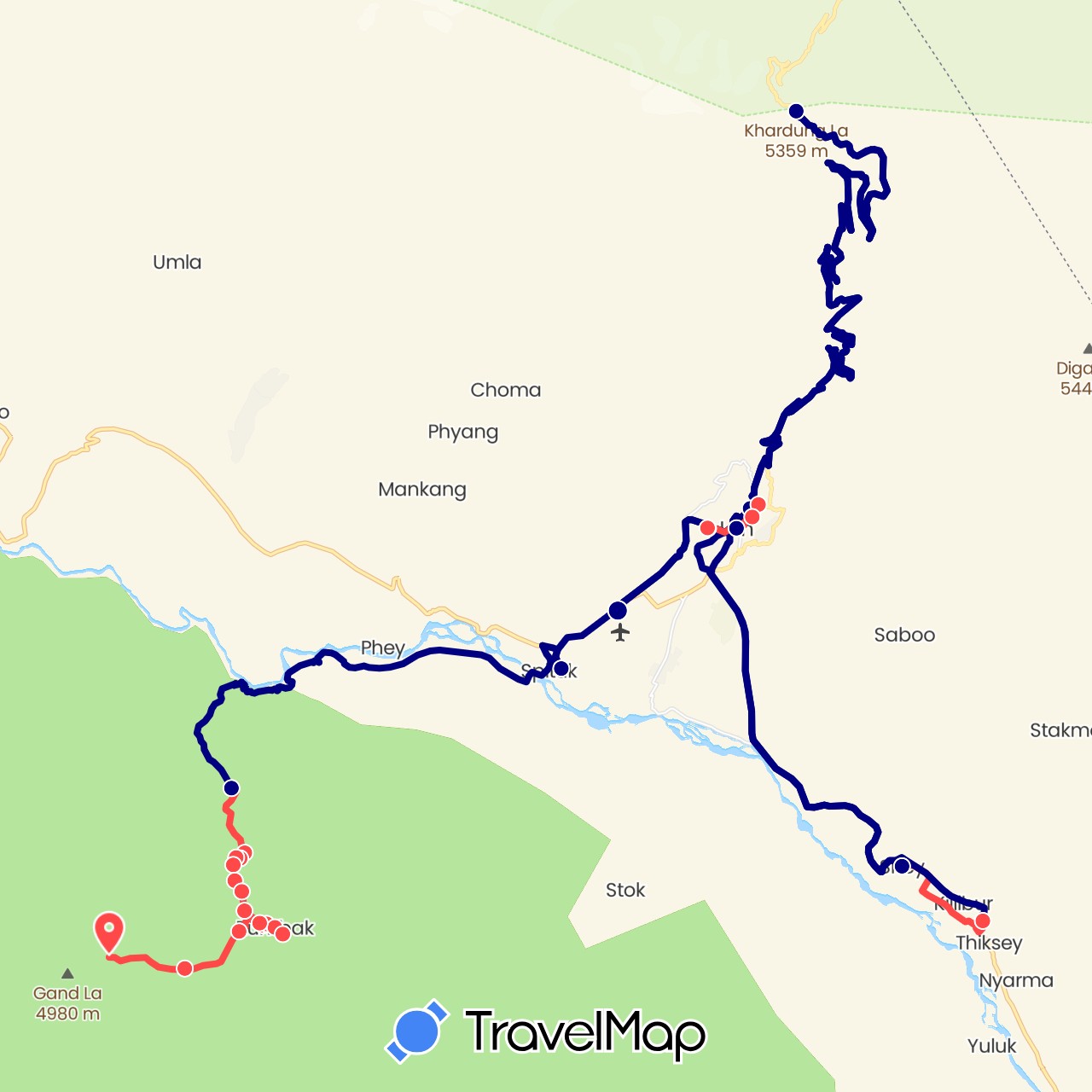 TravelMap itinerary: driving, hiking in India (Asia)